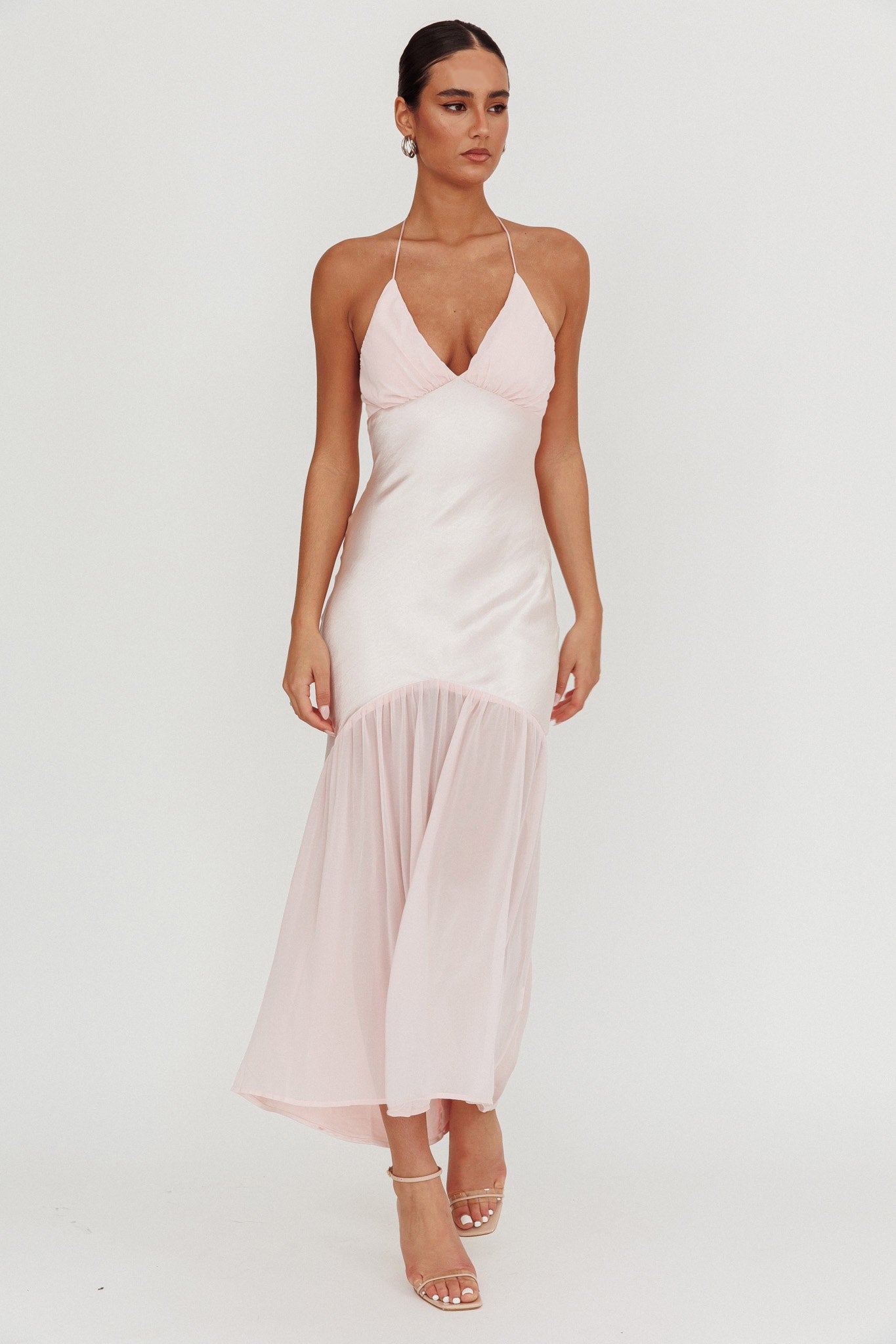 Abito lungo con scollo all'americana e orlo in chiffon Aysah rosa