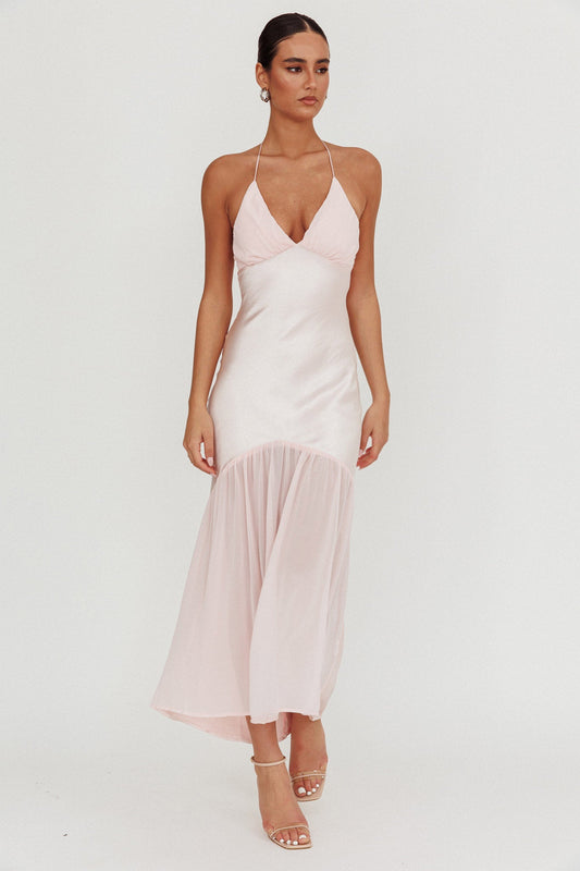 Abito lungo con scollo all'americana e orlo in chiffon Aysah rosa