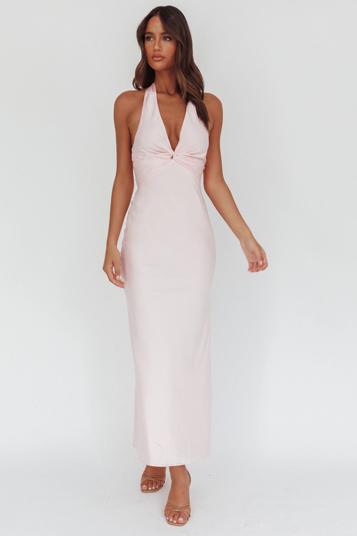 Abito lungo Devotion con scollo a V e scollo all'americana, rosa baby