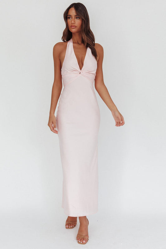 Abito lungo Devotion con scollo a V e scollo all'americana, rosa baby