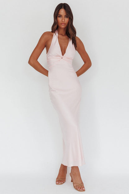 Abito lungo Devotion con scollo a V e scollo all'americana, rosa baby