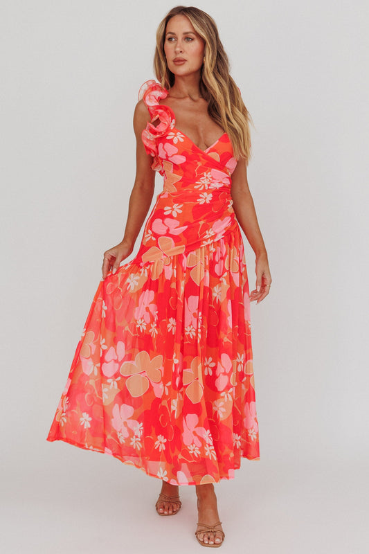 Abito lungo con spalline arricciate Kinley arancione floreale