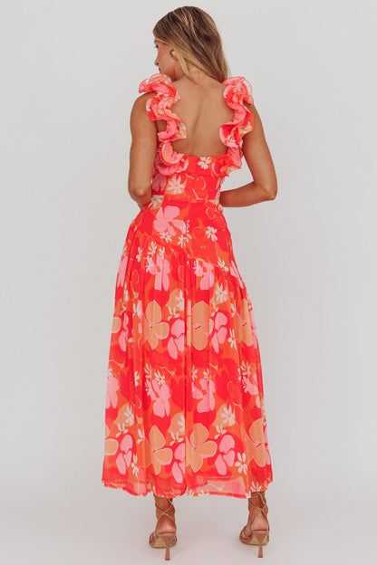 Abito lungo con spalline arricciate Kinley arancione floreale