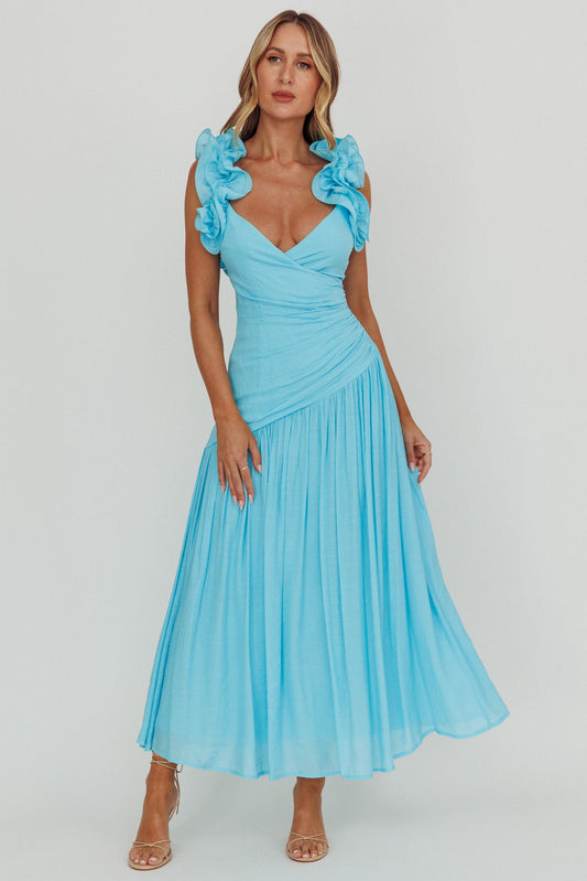 Abito lungo con spalline arricciate Kinley blu