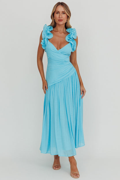 Abito lungo con spalline arricciate Kinley blu