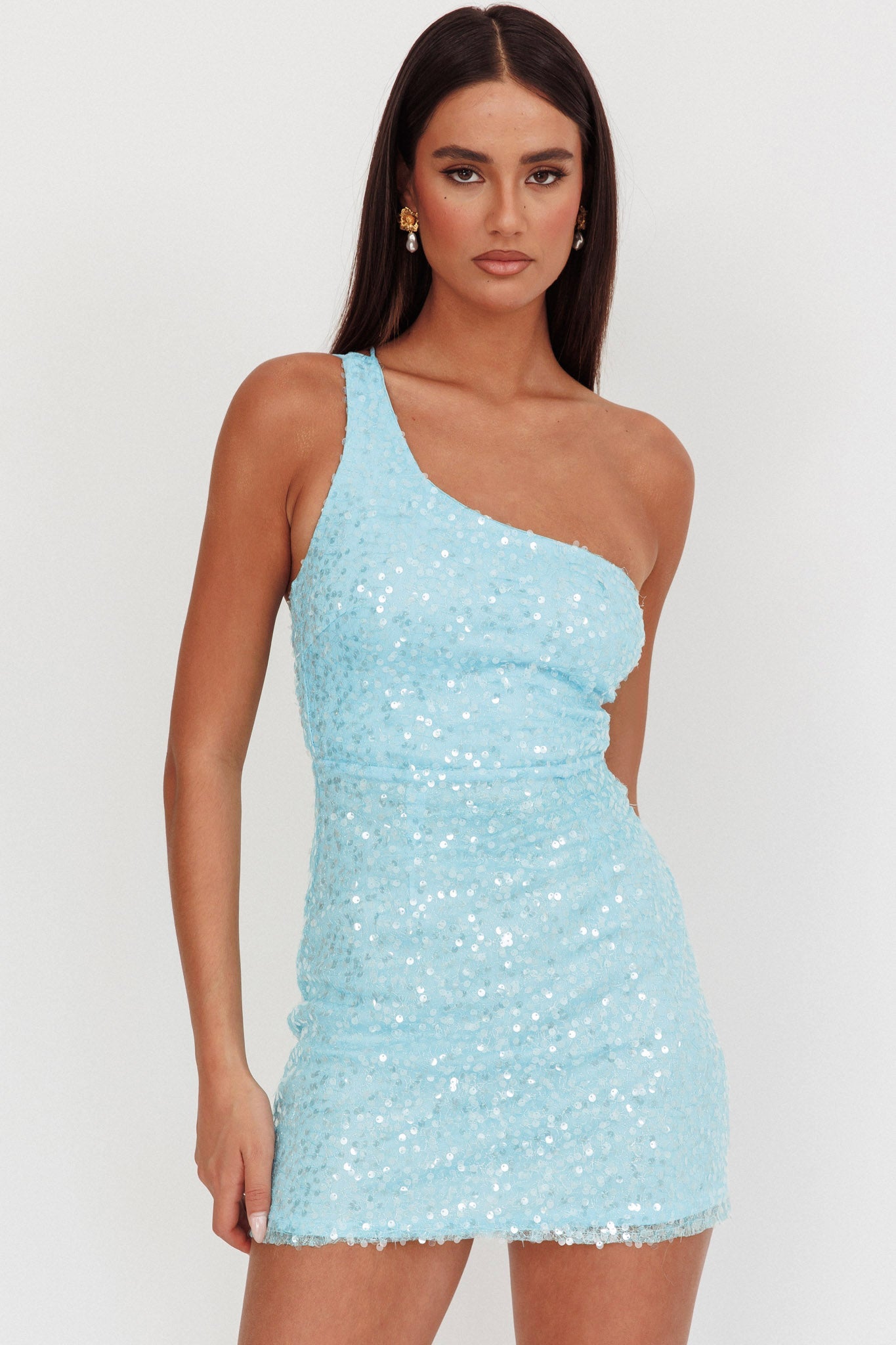 Mini abito monospalla con paillettes Disco Baby azzurro