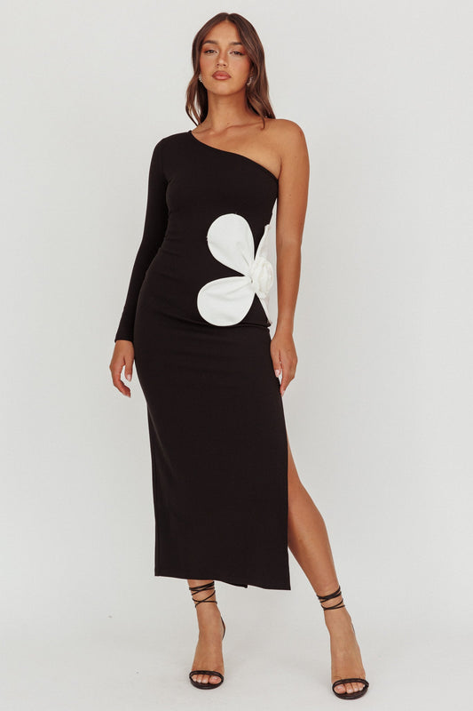 Abito lungo monospalla oversize a fiori No Competition, nero