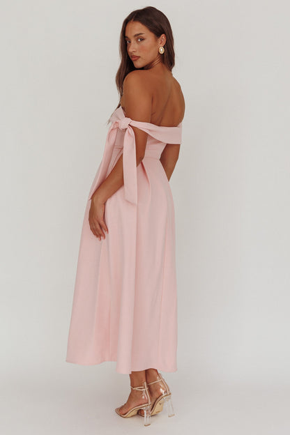 Abito midi a pieghe con spalle scoperte Aurora Sky, rosa