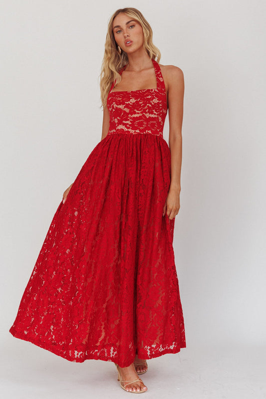 Abito lungo in pizzo a trapezio con scollo all'americana Hendrix Cherry