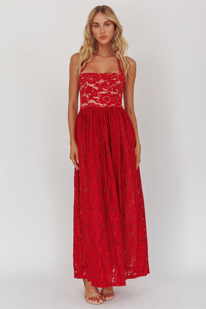 Abito lungo in pizzo a trapezio con scollo all'americana Hendrix Cherry