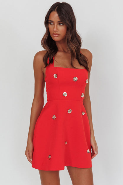Mini abito a trapezio con scollo all'americana Hendrix e fiori di paillettes rosso