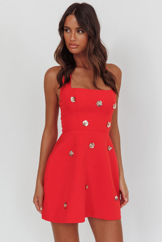 Mini abito a trapezio con scollo all'americana Hendrix e fiori di paillettes rosso