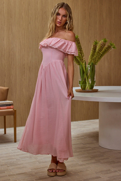 Serinah Abito lungo con vita basca e spalle scoperte, rosa