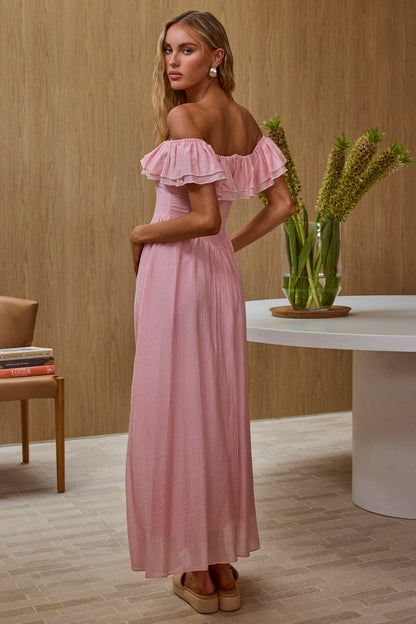 Serinah Abito lungo con vita basca e spalle scoperte, rosa
