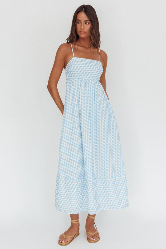 Abito lungo con scollo quadrato Shirley stampato azzurro