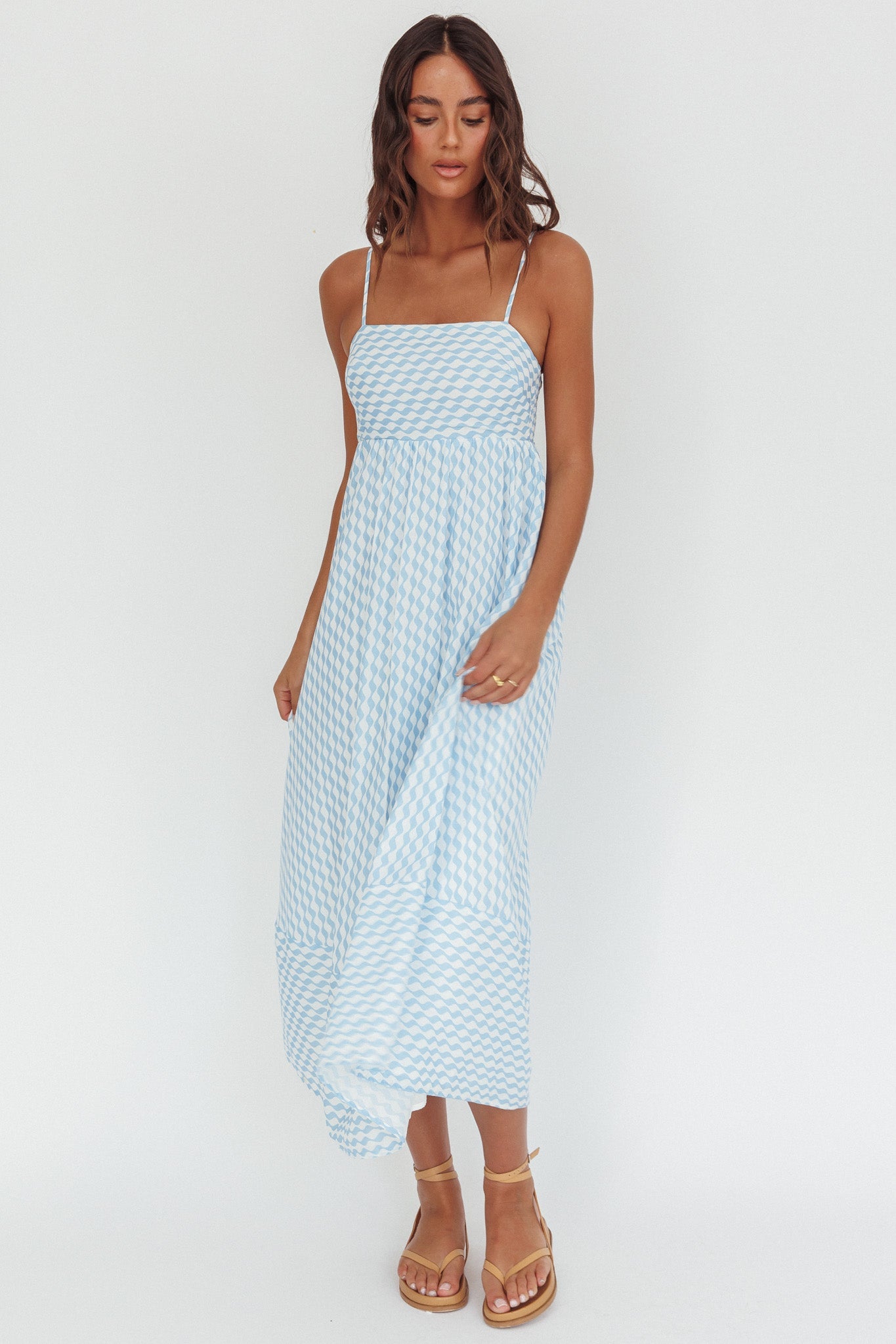 Abito lungo con scollo quadrato Shirley stampato azzurro