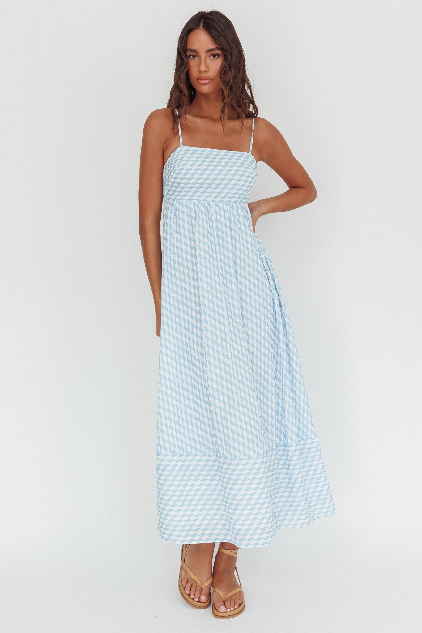 Abito lungo con scollo quadrato Shirley stampato azzurro
