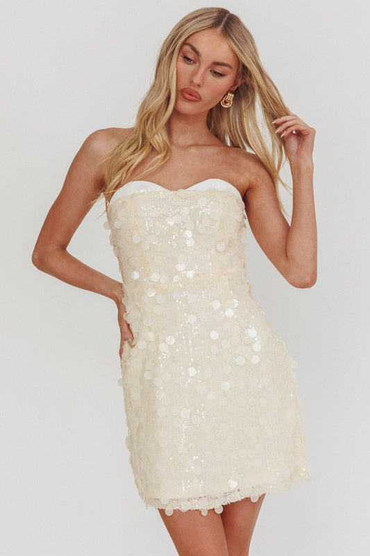Mini abito senza spalline Hillara in paillettes color crema