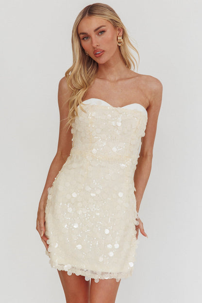 Mini abito senza spalline Hillara in paillettes color crema