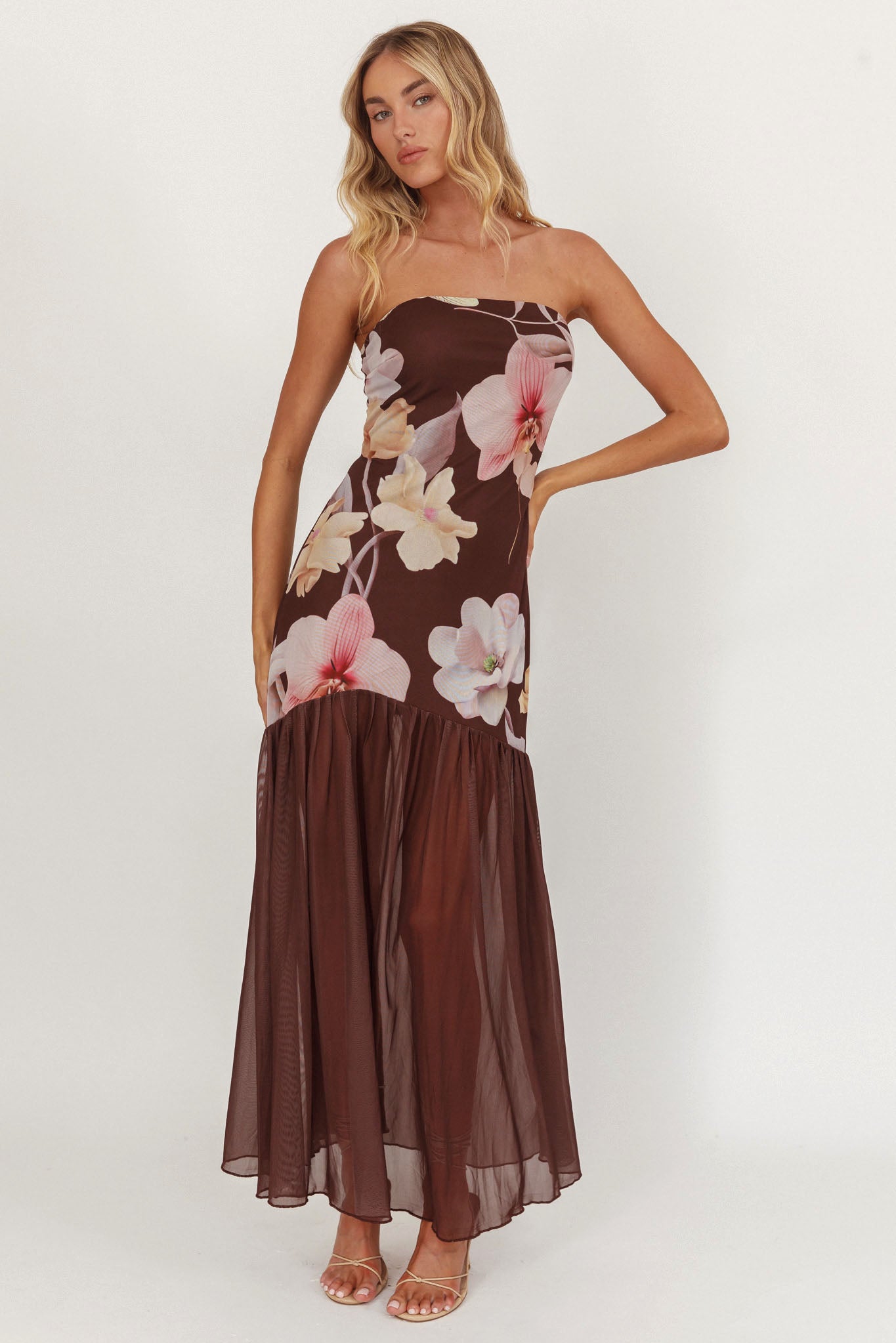 Abito midi senza spalline con orlo trasparente Wilma, color marrone orchidea