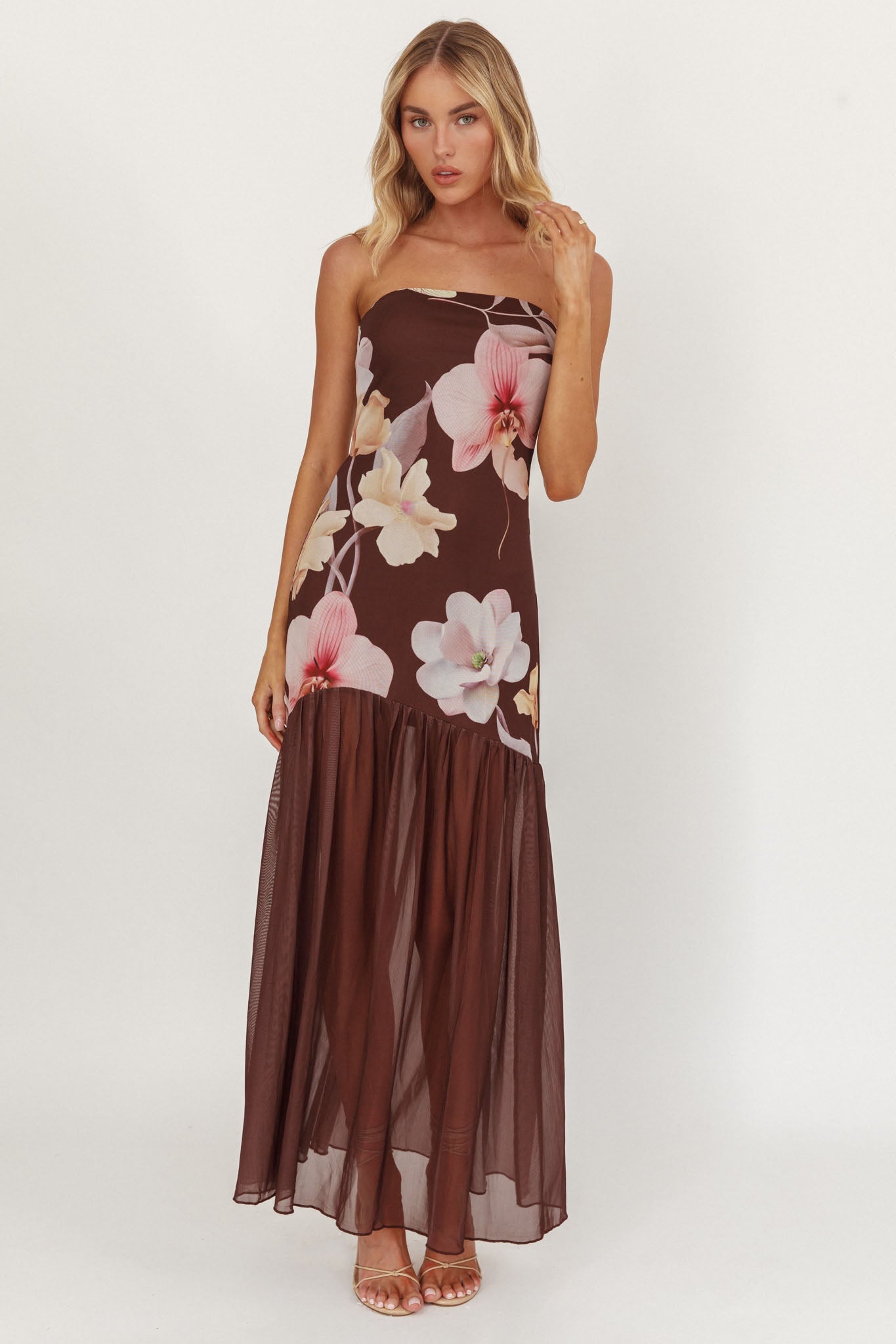 Abito midi senza spalline con orlo trasparente Wilma, color marrone orchidea