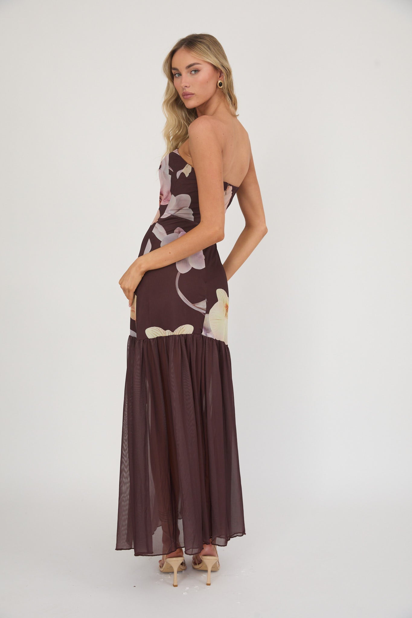 Abito midi senza spalline con orlo trasparente Wilma, color marrone orchidea