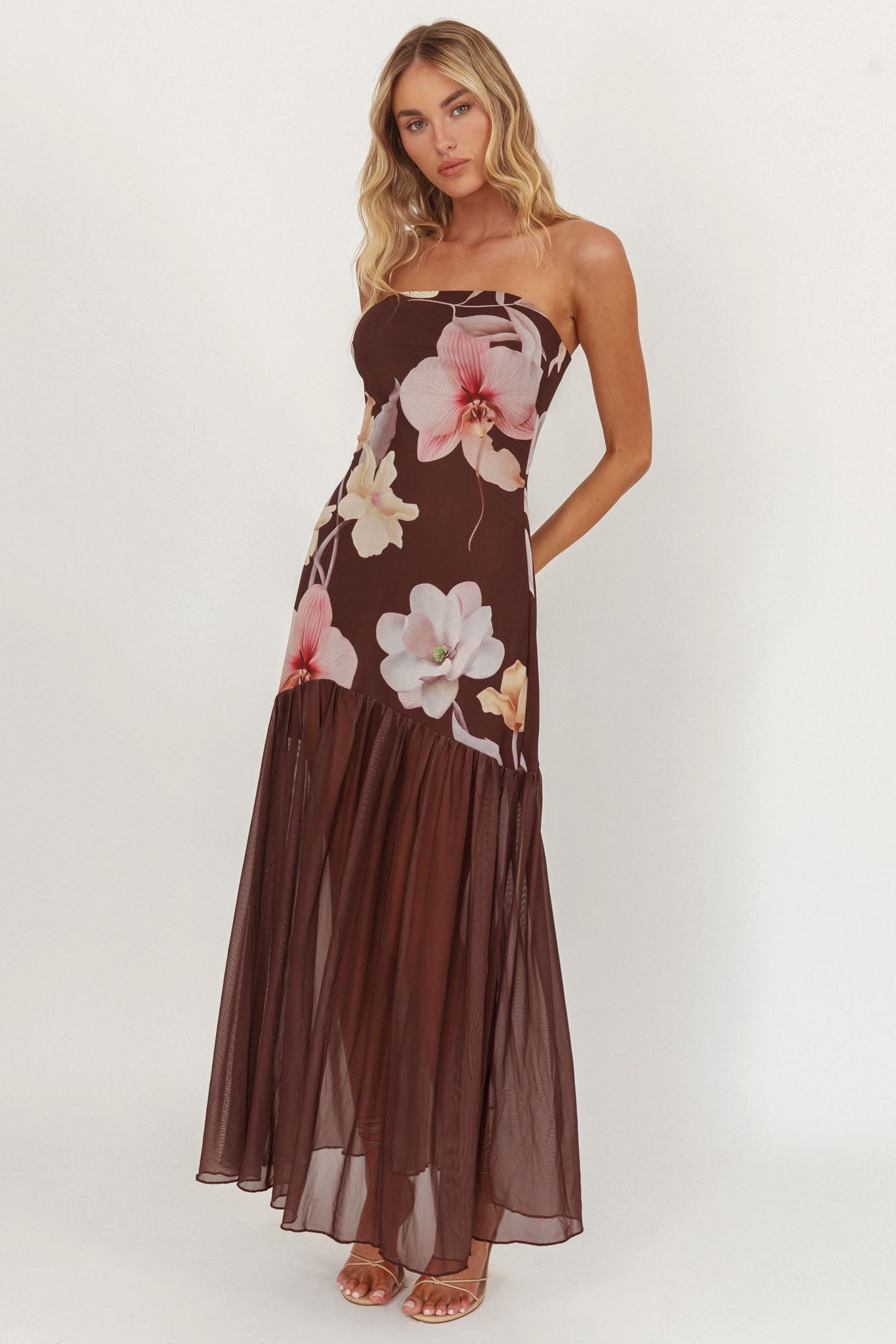 Abito midi senza spalline con orlo trasparente Wilma, color marrone orchidea