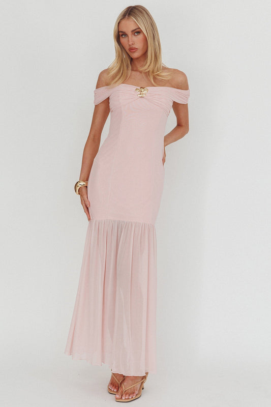 Abito lungo Wilma con spalle scoperte e orlo trasparente, rosa