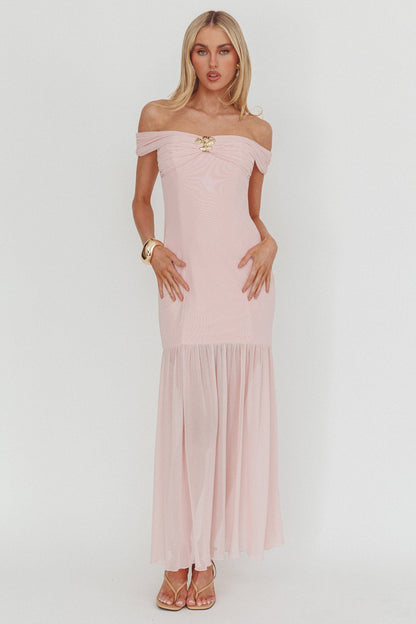 Abito lungo Wilma con spalle scoperte e orlo trasparente, rosa