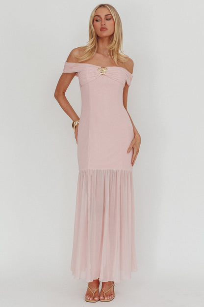 Abito lungo Wilma con spalle scoperte e orlo trasparente, rosa