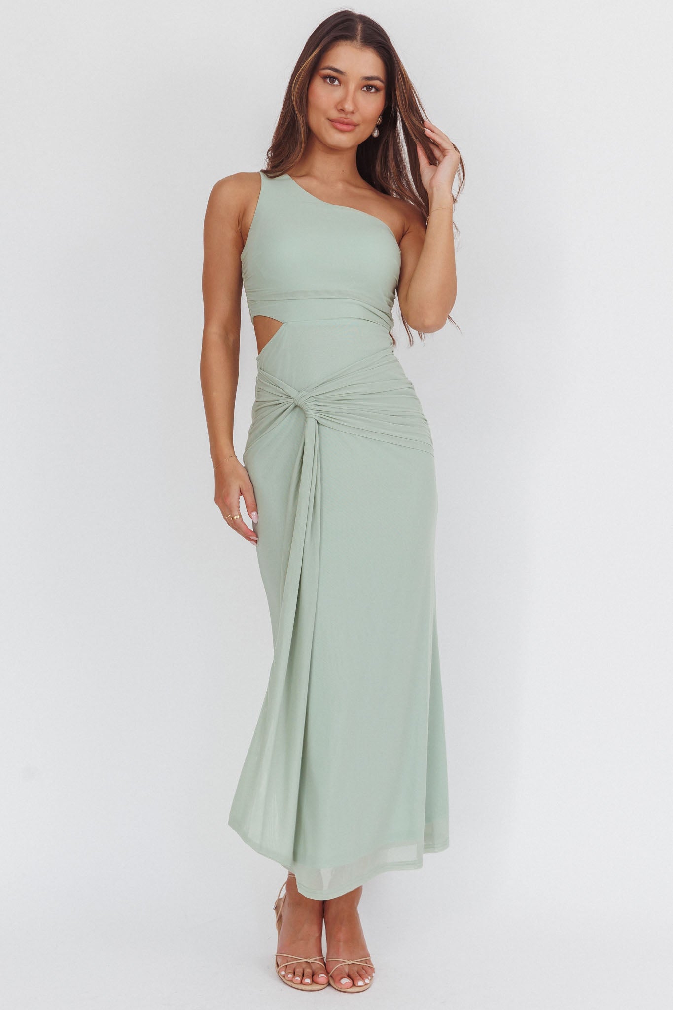 Abito lungo monospalla con cut-out Luli color salvia