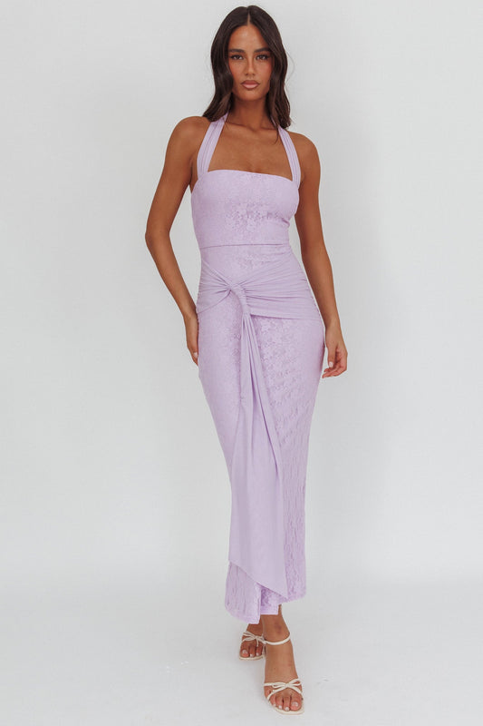 Luli Waist Sash Halter Maxi Dress in pizzo lilla