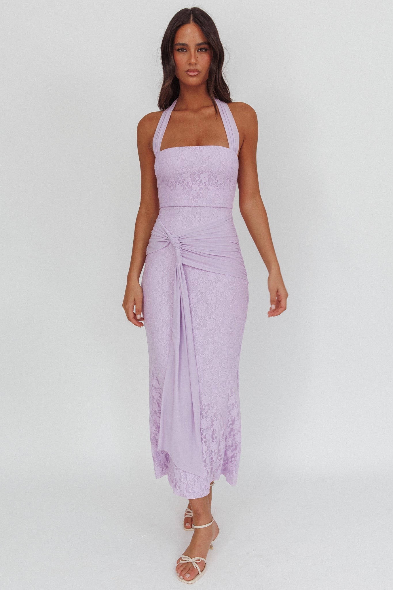 Luli Waist Sash Halter Maxi Dress in pizzo lilla