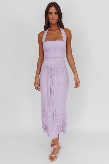 Luli Waist Sash Halter Maxi Dress in pizzo lilla
