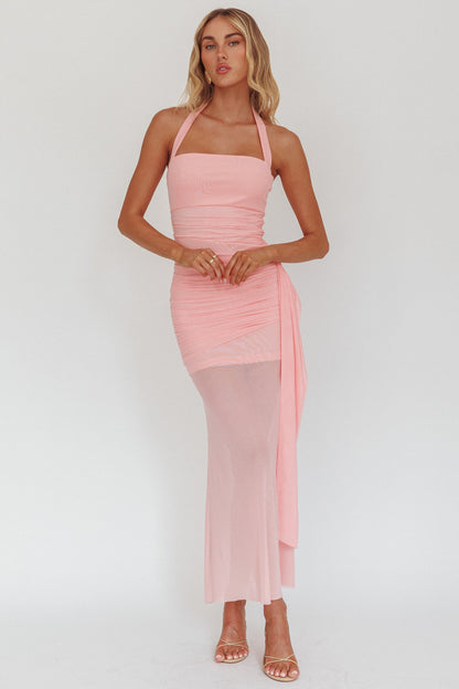Abito lungo con scollo all'americana e fascia laterale Rebekkah rosa