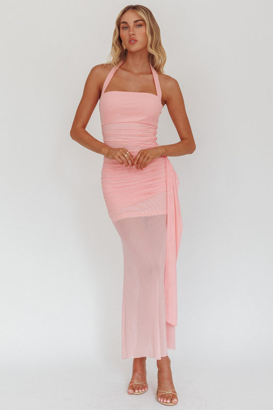 Abito lungo con scollo all'americana e fascia laterale Rebekkah rosa