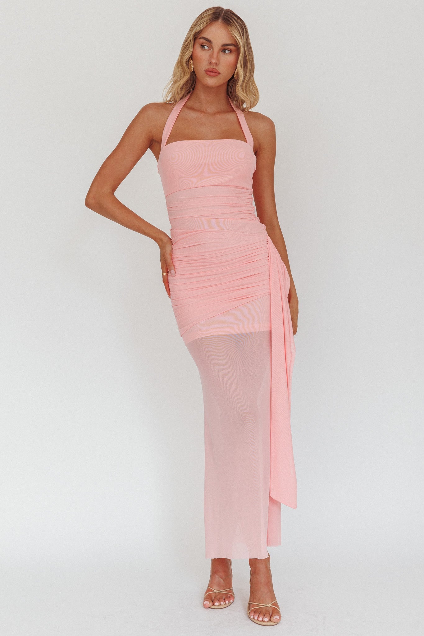Abito lungo con scollo all'americana e fascia laterale Rebekkah rosa