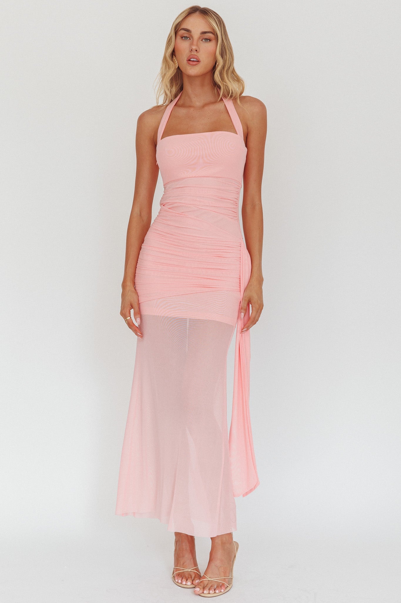 Abito lungo con scollo all'americana e fascia laterale Rebekkah rosa