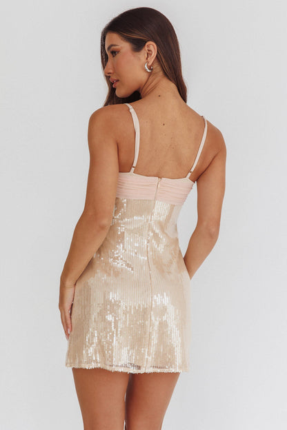 Mini abito con paillettes e busto a contrasto Sun Rise Champagne
