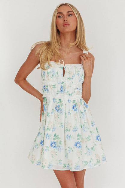 Jordanne Mini abito con volant e fiori blu