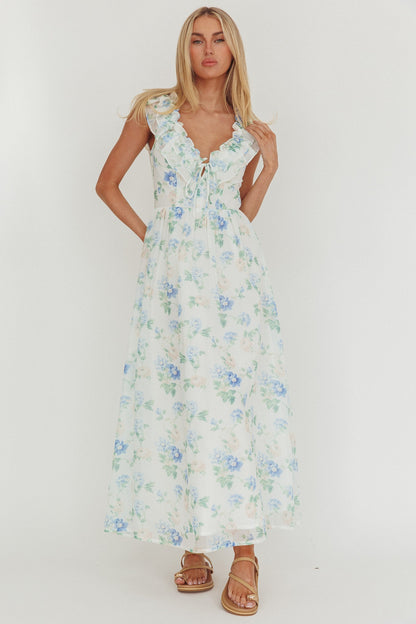 Abito lungo con scollo a balze e stampa floreale blu Spring Harvest