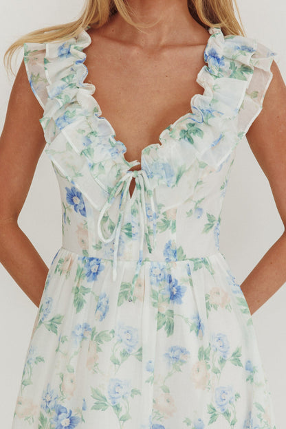 Abito lungo con scollo a balze e stampa floreale blu Spring Harvest