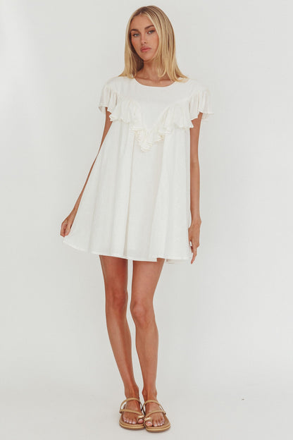 Sunshine Weekend - Mini abito babydoll con volant e bordo bianco