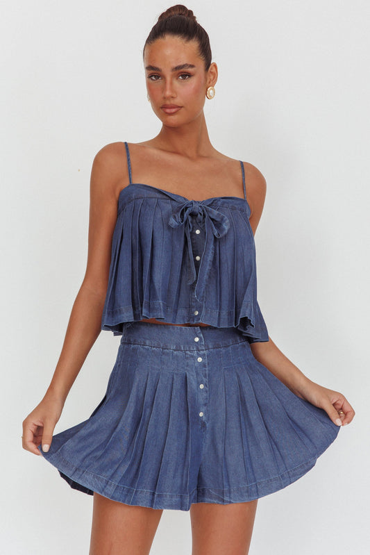 Pantaloncini a vita alta plissettati Country Girl in denim scuro