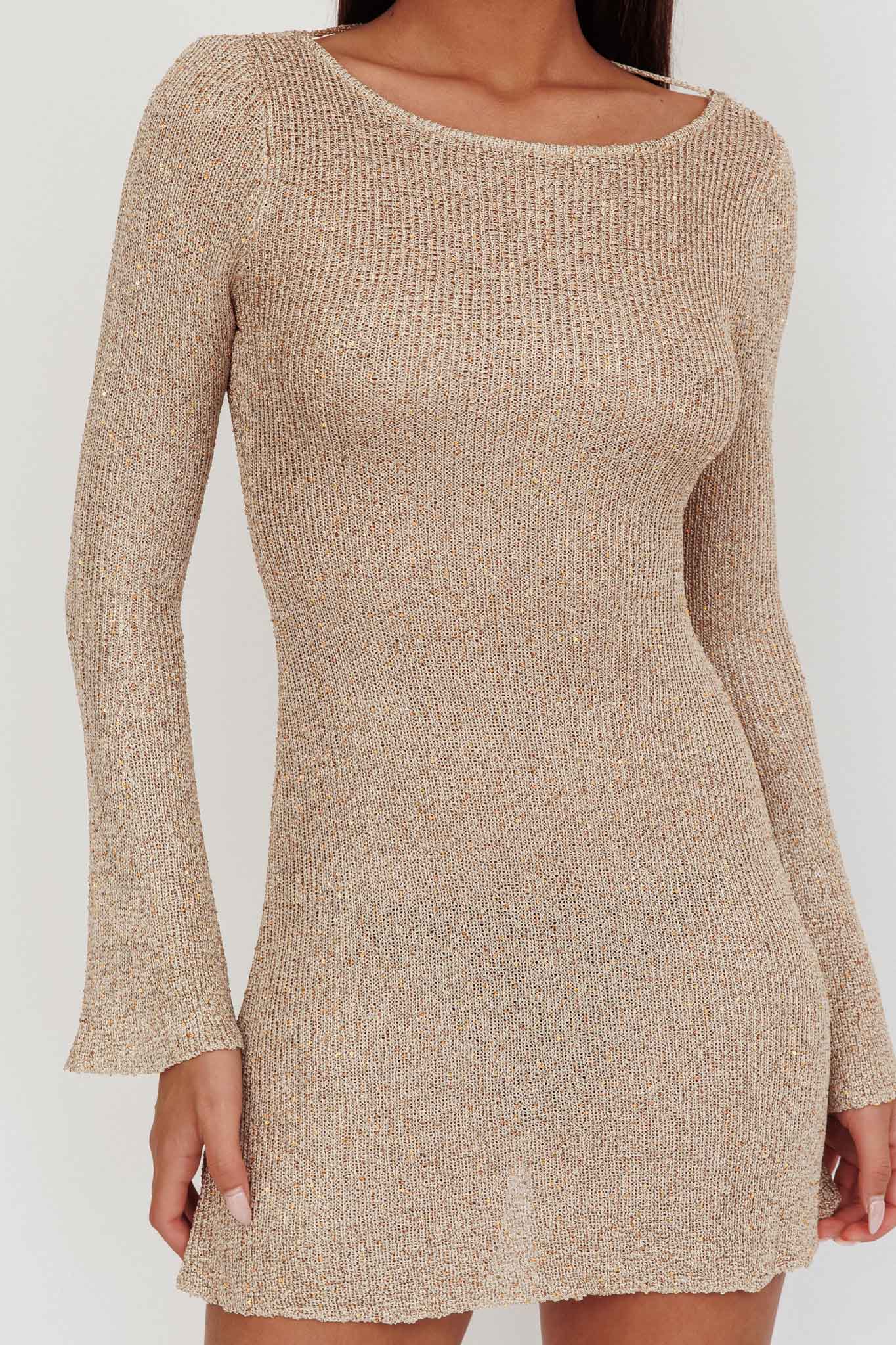 Mini abito in maglia con paillettes e schiena scoperta Cosmic Gold