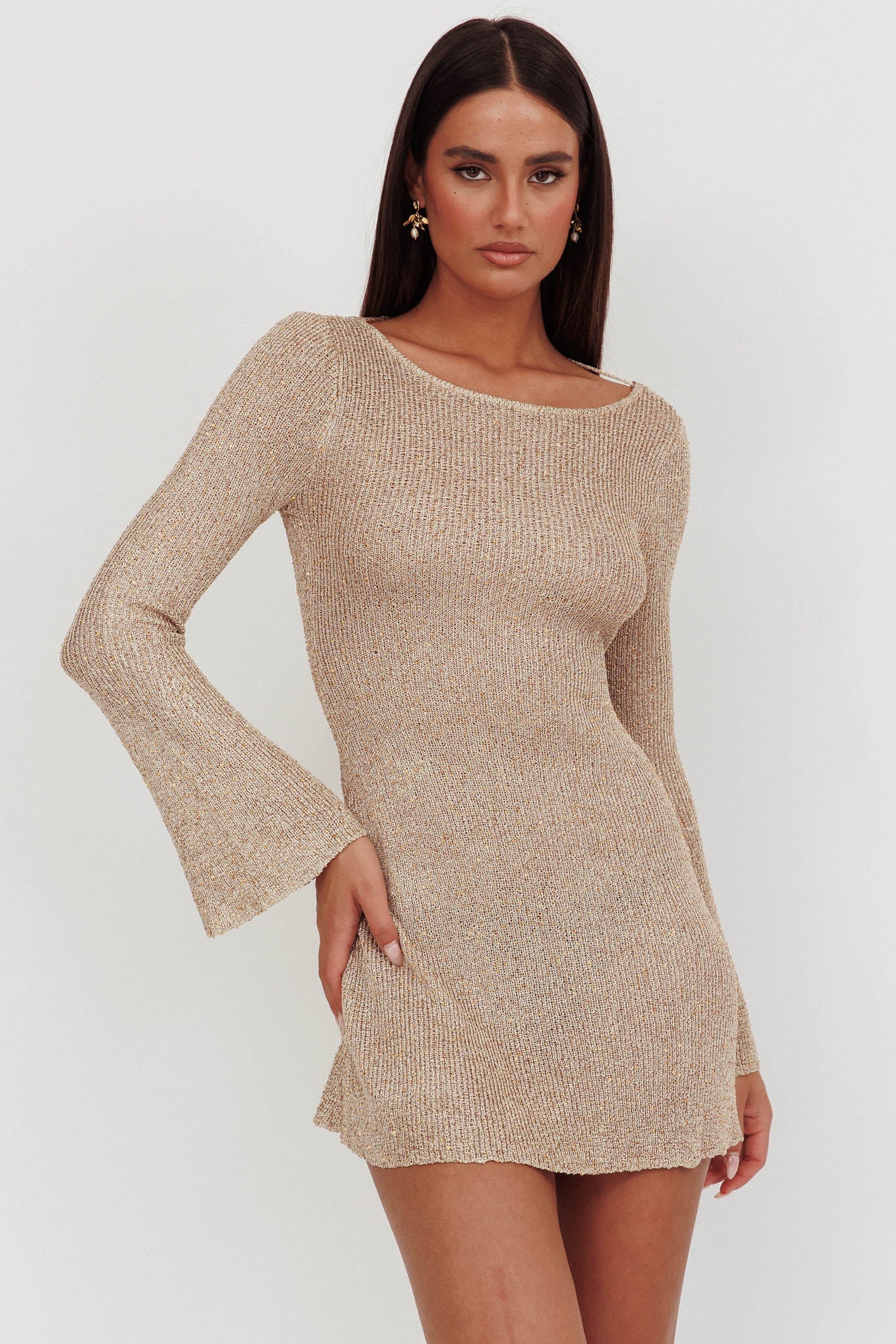 Mini abito in maglia con paillettes e schiena scoperta Cosmic Gold