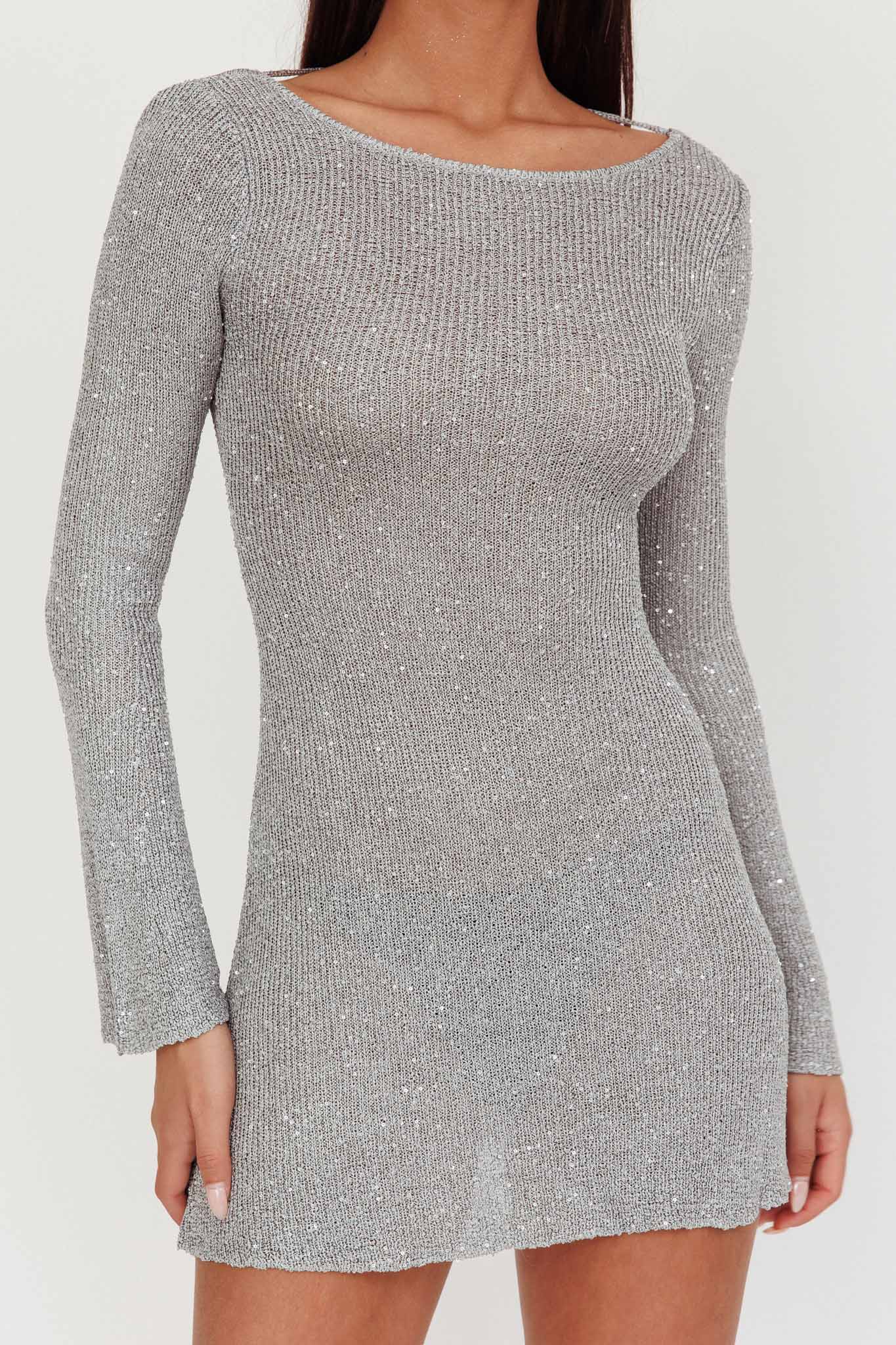 Mini abito in maglia con paillettes e schiena scoperta Cosmic Silver