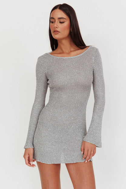 Mini abito in maglia con paillettes e schiena scoperta Cosmic Silver