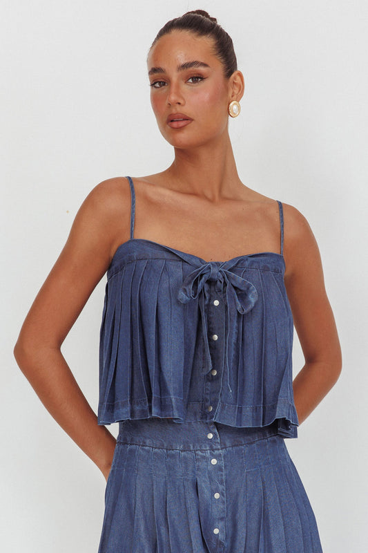 Top plissettato Country Girl in denim scuro