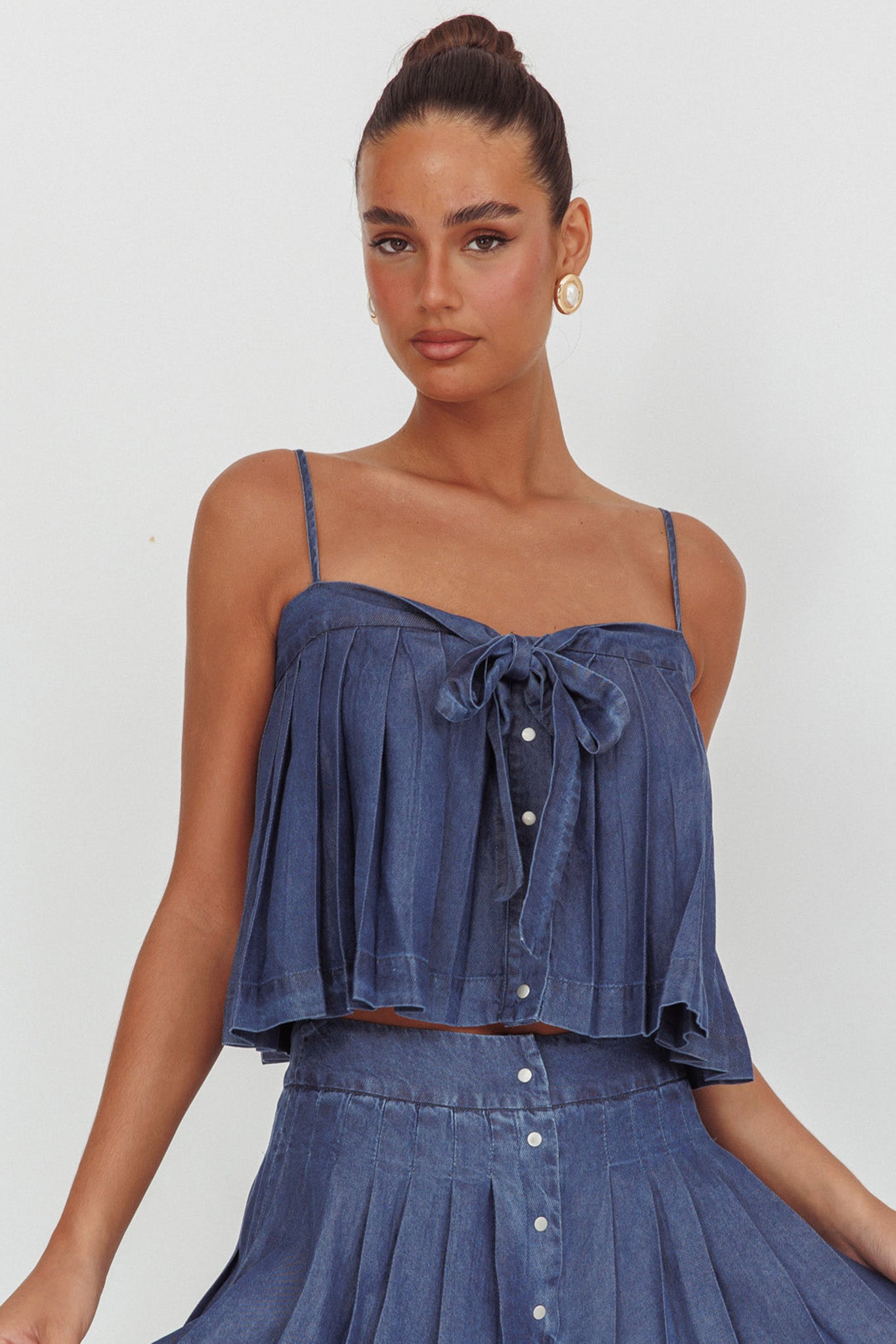 Top plissettato Country Girl in denim scuro